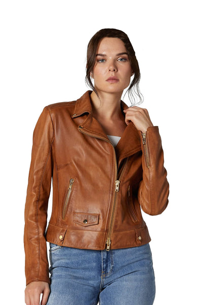 Josephine Women's 100% Real Brown Leather Flickering Waxed Jacket