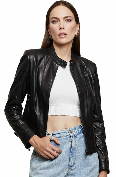 Chloe Women's 100% Real Black Leather Cafe Racer Biker Jacket