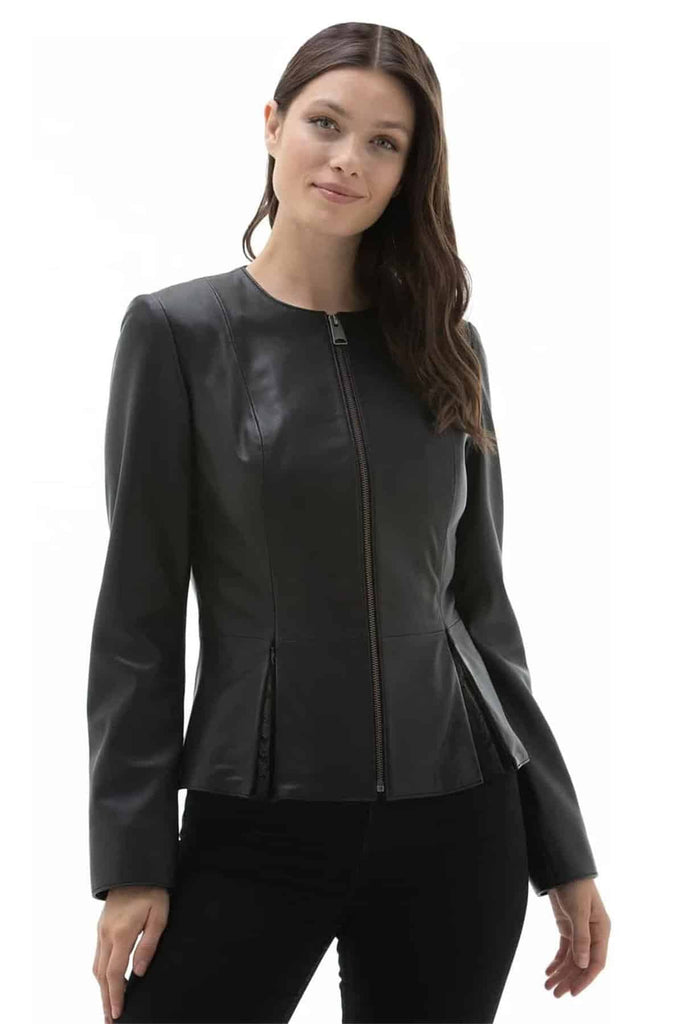 Women's 100% Real Black Leather Round Neck Jacket