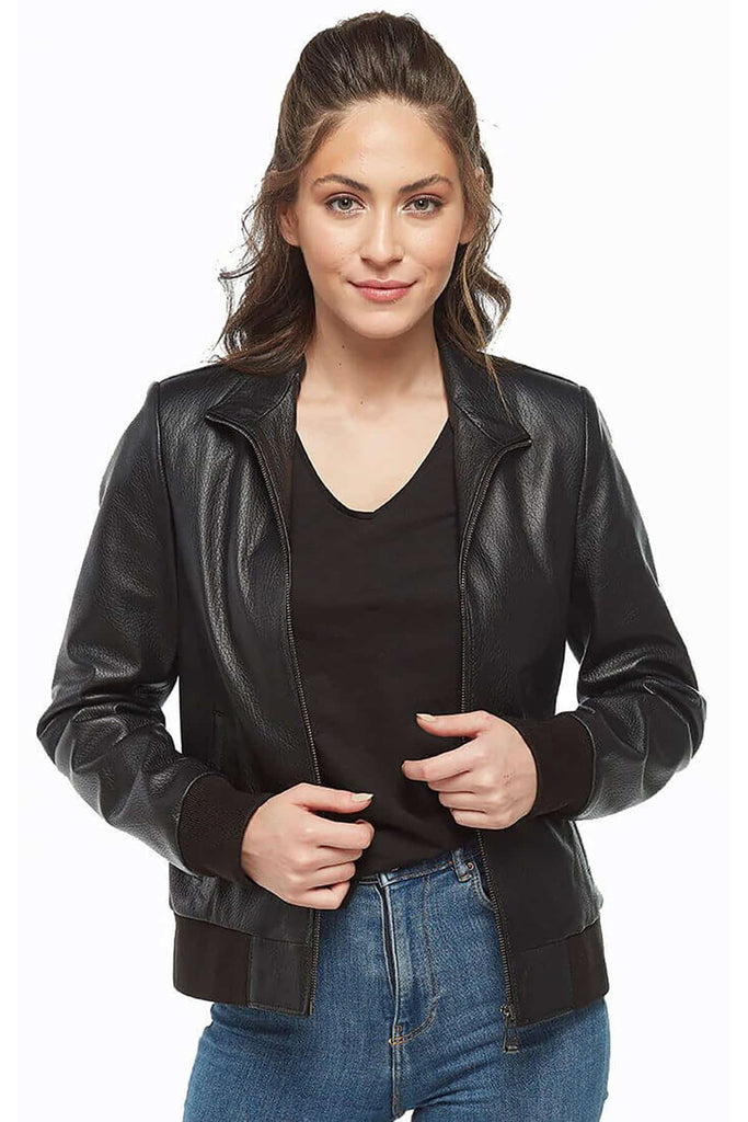 Women's 100% Real Black Leather Bomber Jacket