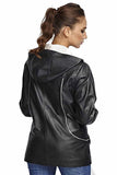 Women's 100% Real Navy Blue & Beige Leather Garnish Jacket