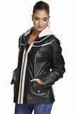 Women's 100% Real Navy Blue & Beige Leather Garnish Jacket