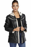 Women's 100% Real Navy Blue & Beige Leather Garnish Jacket