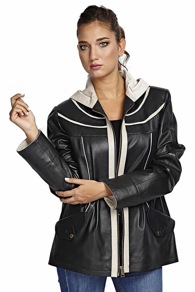 Women's 100% Real Navy Blue & Beige Leather Garnish Jacket
