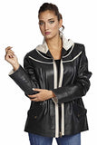 Women's 100% Real Navy Blue & Beige Leather Garnish Jacket