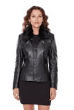 Belinda Women's 100% Real Black Leather Fur Collar Jacket