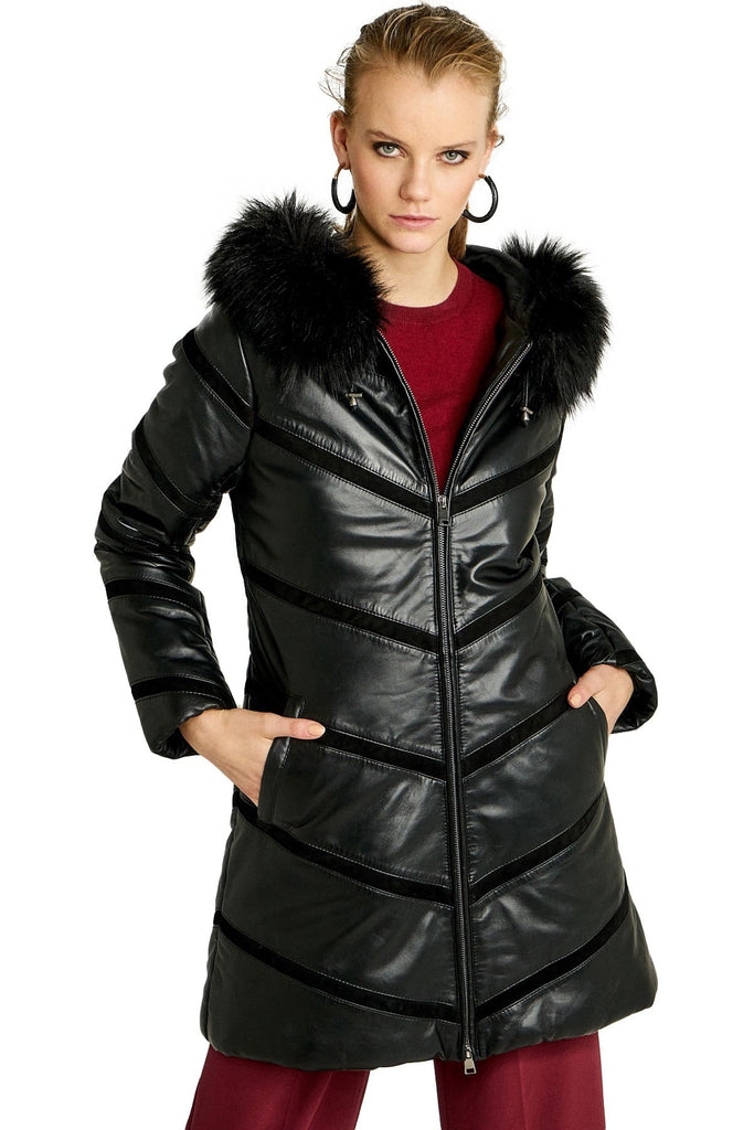 Mya Women's 100% Real Black Leather Faux Fur Hooded Long Coat