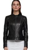 Josephine Skriver Women's 100% Real Black Leather Moto Style Jacket