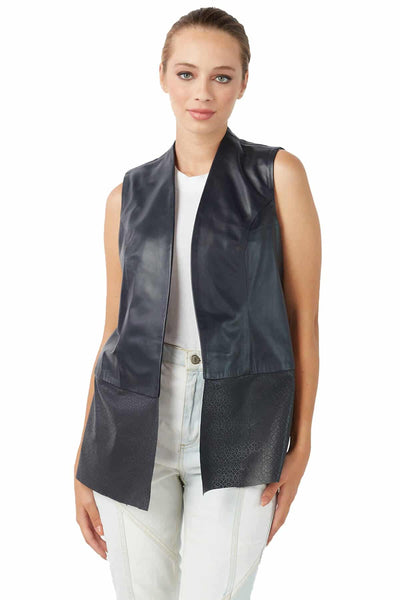 Becky Women's 100% Real Navy Blue Leather Patterned Vest